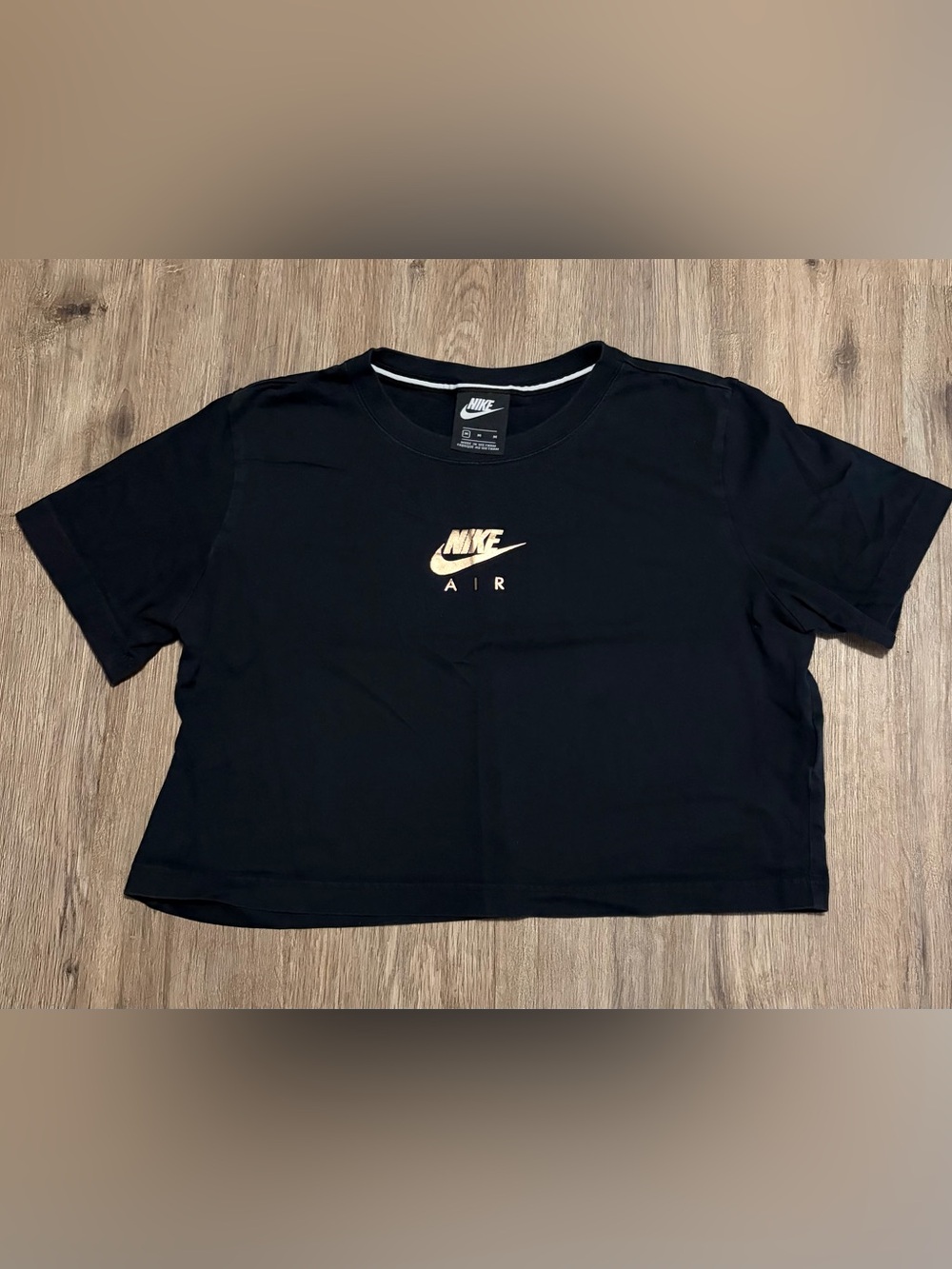 Nike - Black Cropped Tee with Metallic Gold Logo - Size Medium